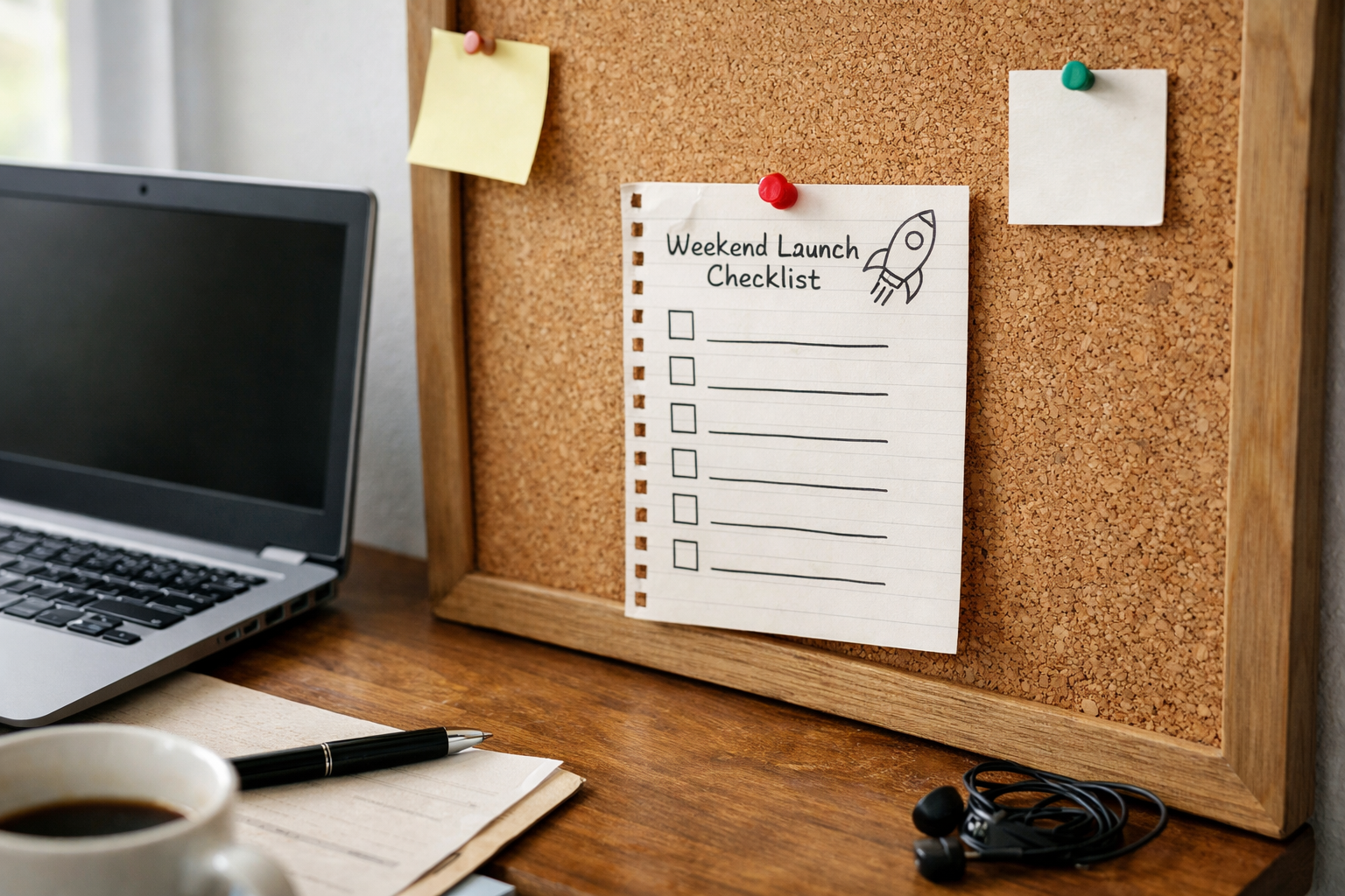 Weekend launch checklist pinned on a corkboard beside a laptop