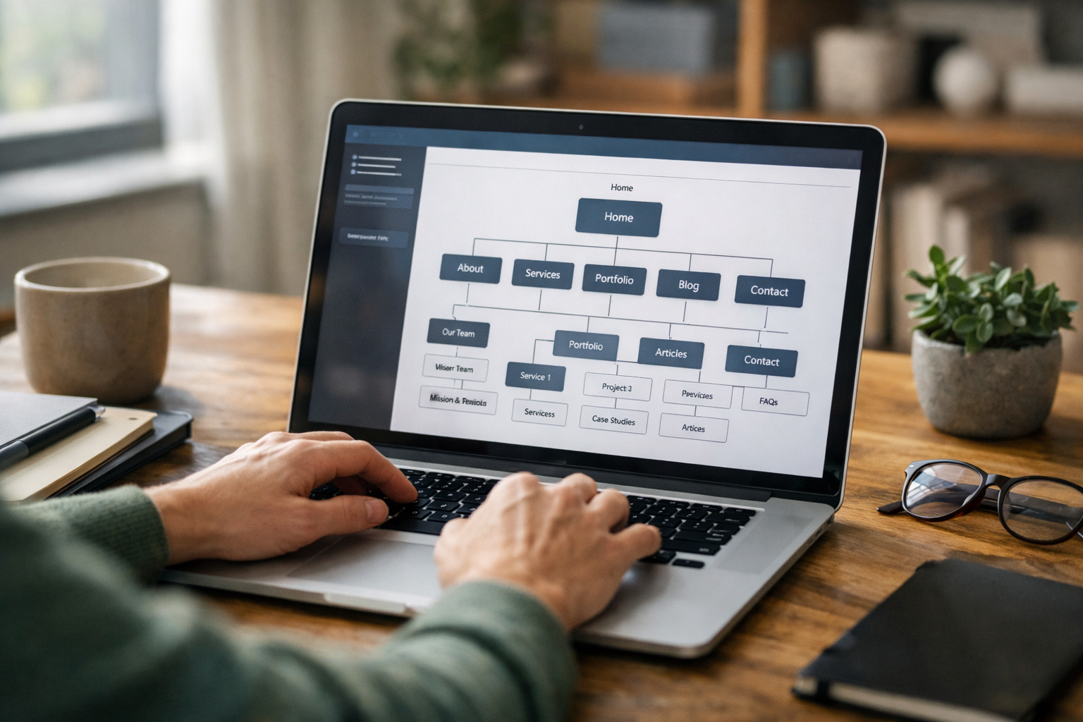 Person using an AI website builder to generate a full site map from a short brief