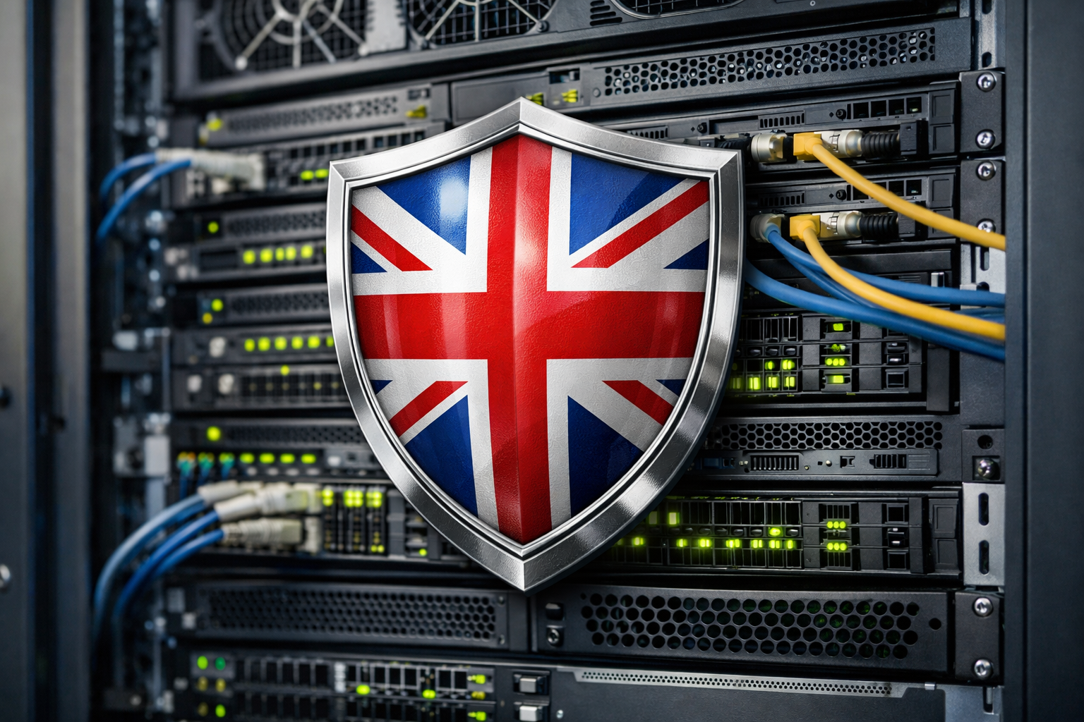 Shield icon over a server rack illustration with UK flag accent