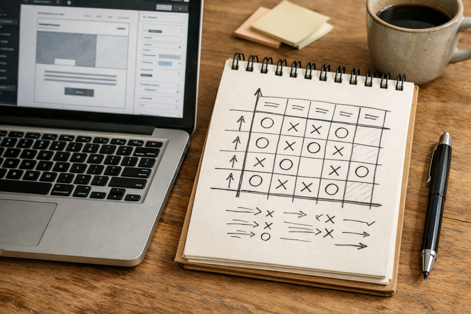 Hand-drawn requirements matrix on a notepad beside a laptop showing a website editor