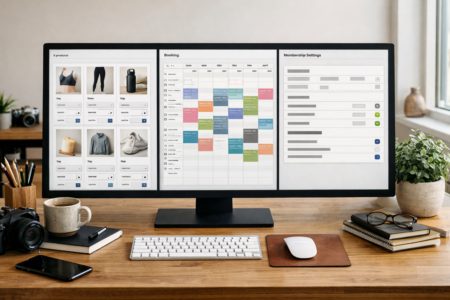 Visual editor showing products, bookings, and membership settings side by side