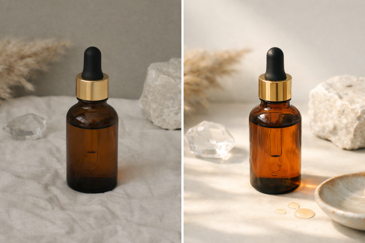 Before-and-after product photography showing improved lighting and composition