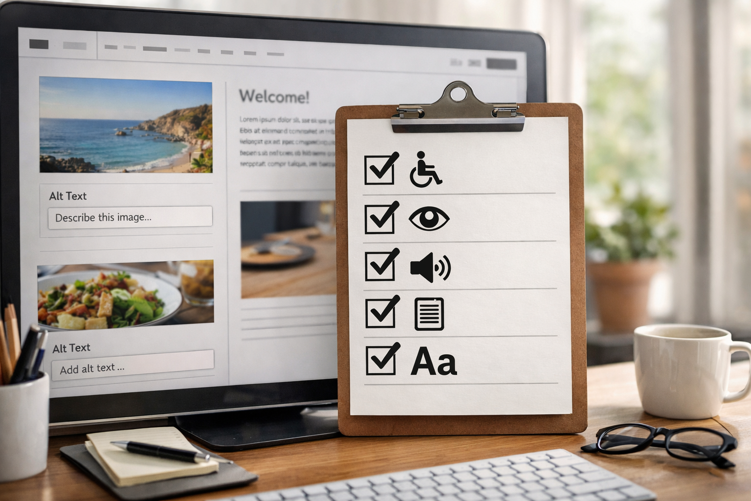 Accessibility checklist overlaying a website editor with alt text fields