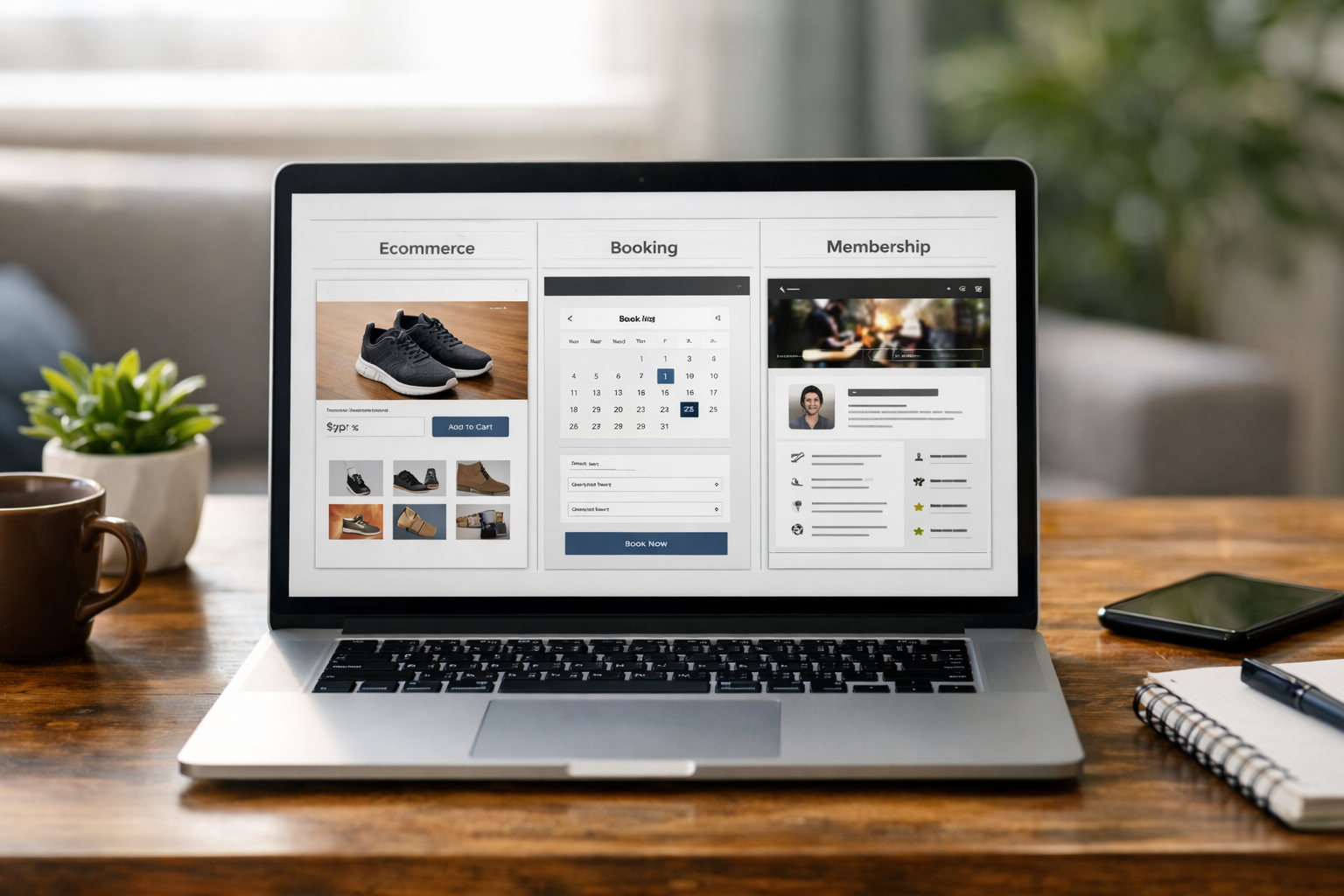 Comparison of ecommerce, booking, and membership features on a laptop screen