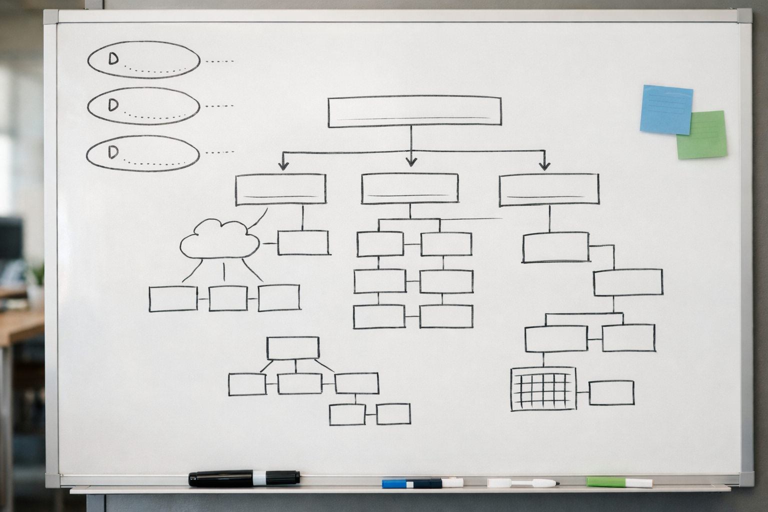 Whiteboard site map sketch with domain options and page structure