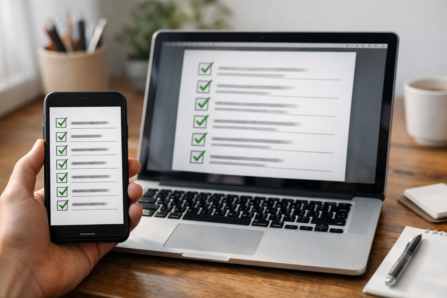 Mobile phone and laptop showing a pre-launch website checklist being ticked off