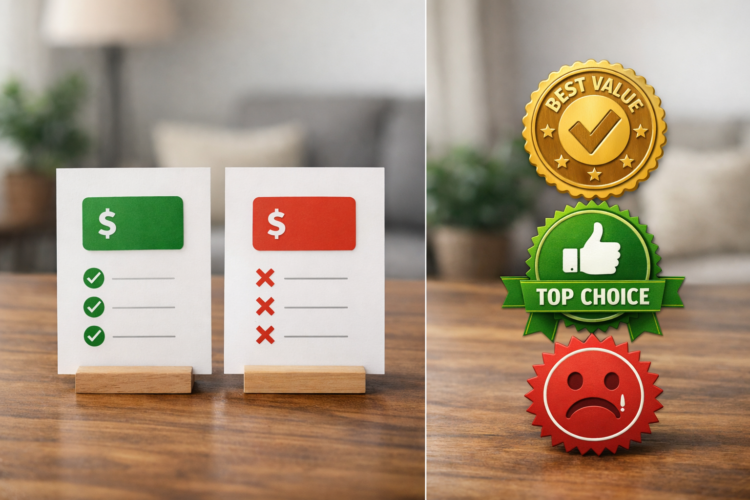 Side-by-side pricing cards and value badges comparison graphic