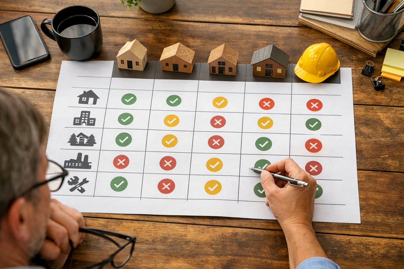 Decision matrix grid comparing builder types by use case