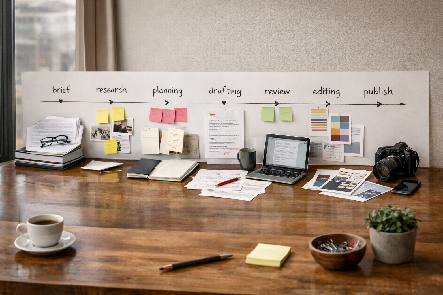 Project timeline from brief to publish with key milestones
