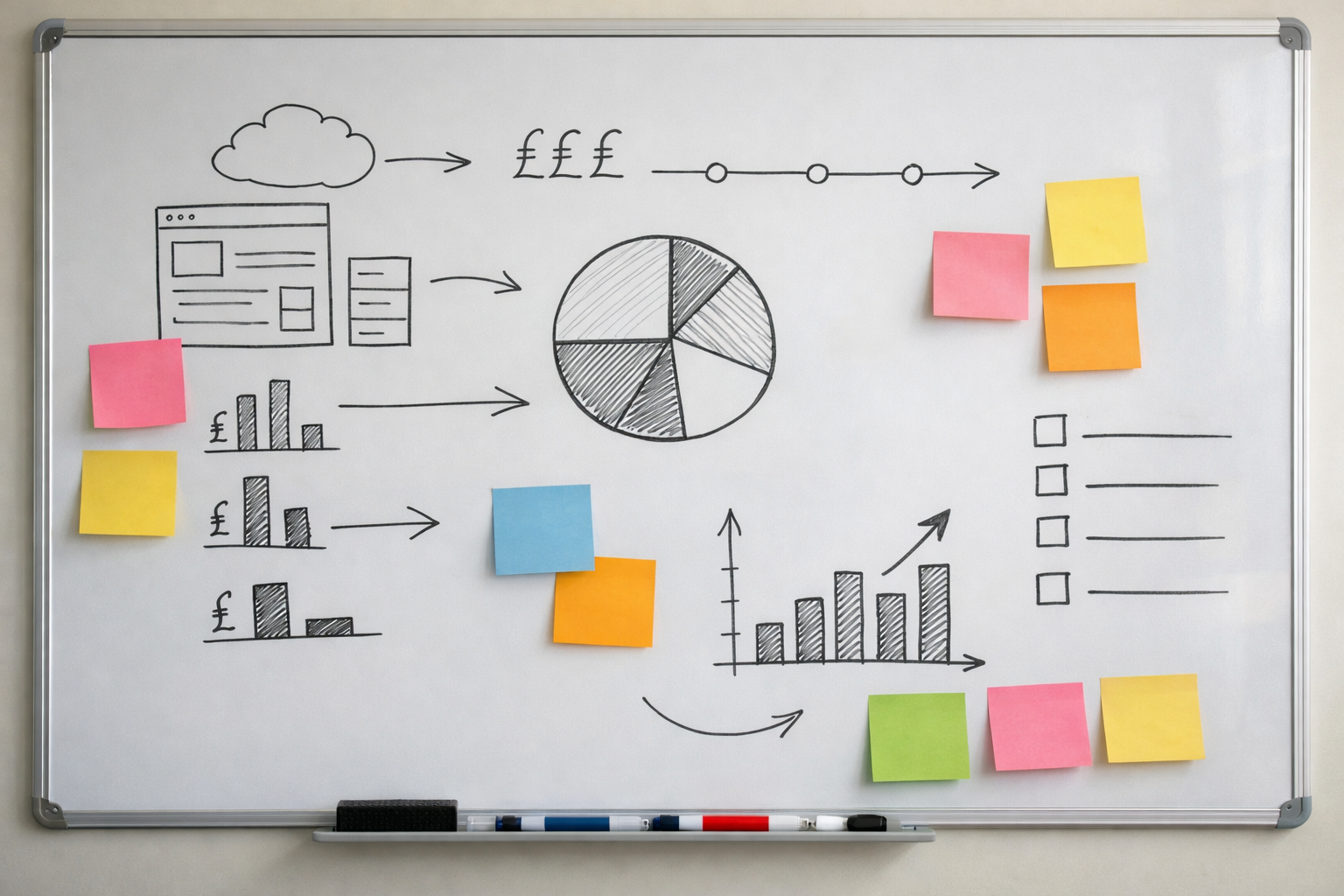 Annotated UK SMB website budget whiteboard with sticky notes