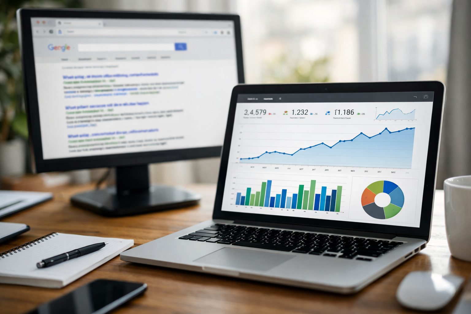 Search results snippet and analytics dashboard illustrating growth