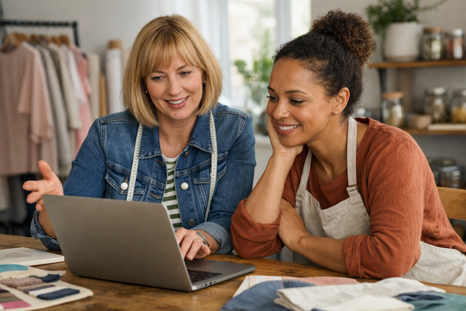 Friendly UK designer advising a small business owner over a laptop