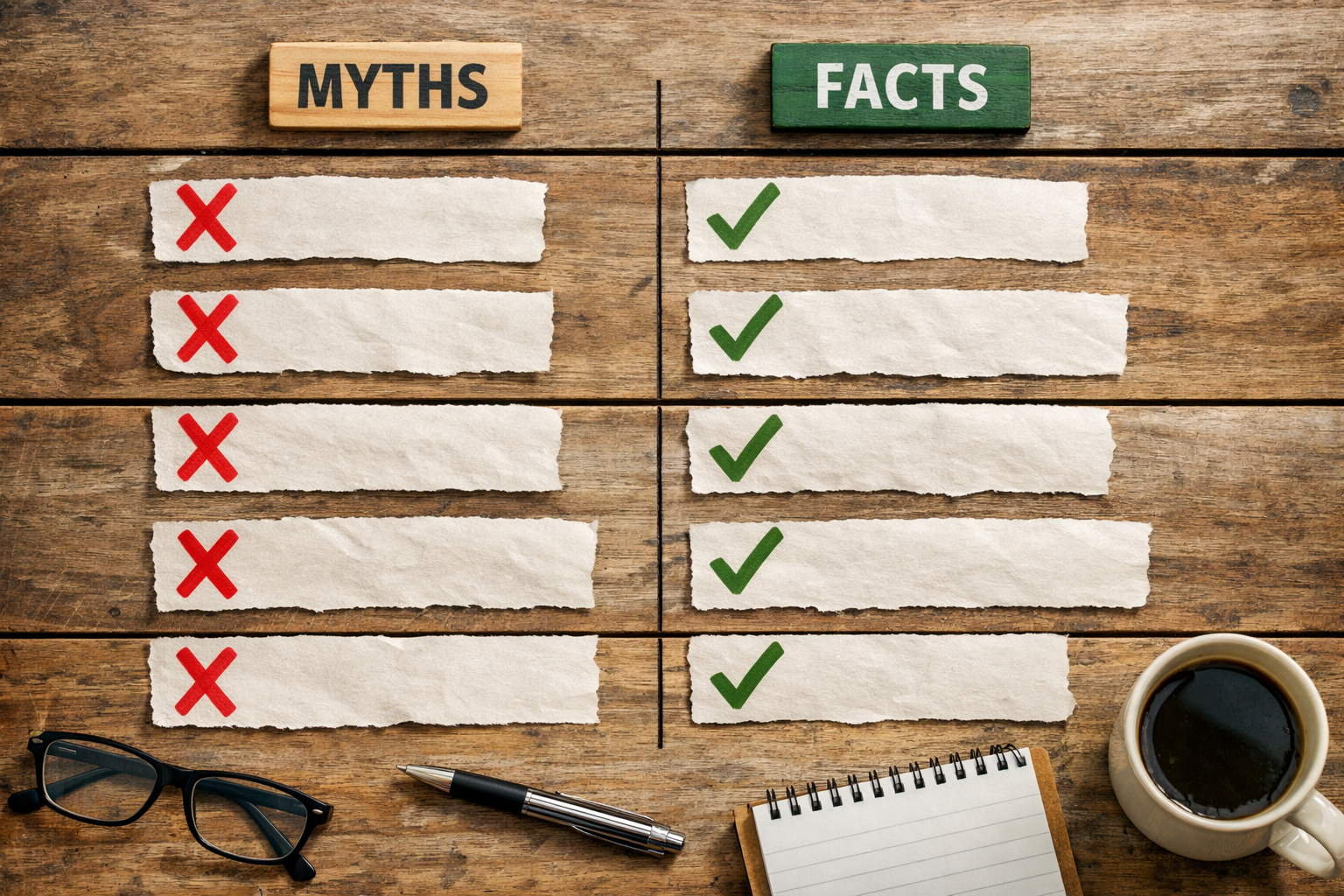 Annotated comparison of myths vs facts with checkmarks and crosses