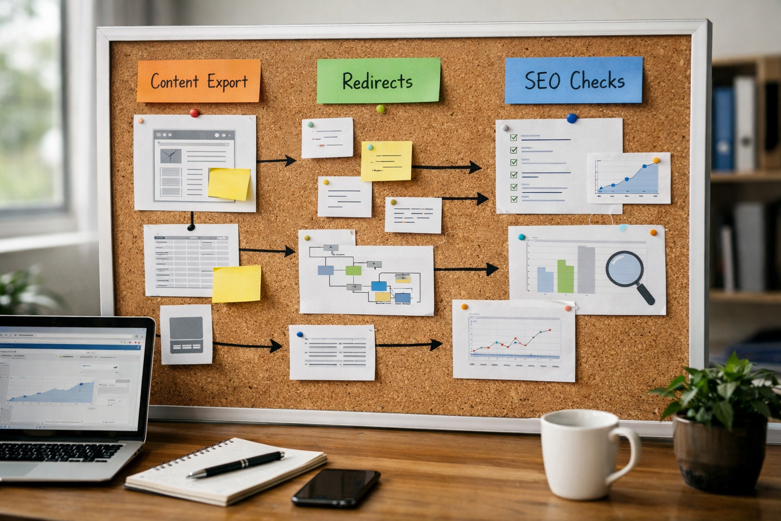 Migration roadmap showing content export, redirects, and SEO checks