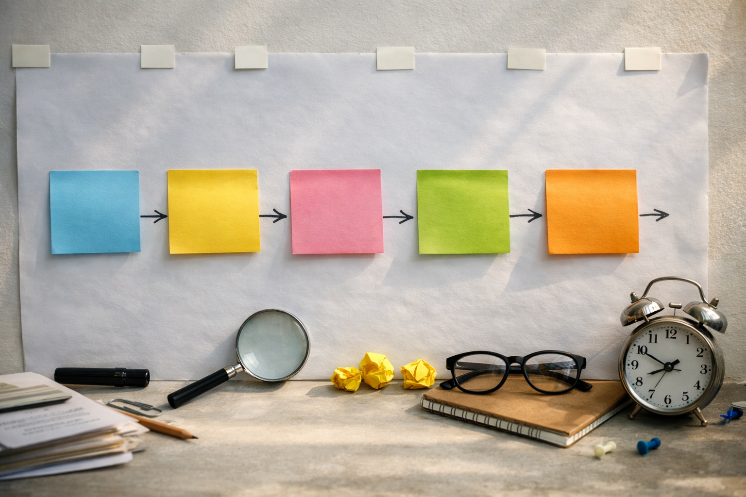 Timeline with sticky notes showing plan, generate, refine, enable, launch