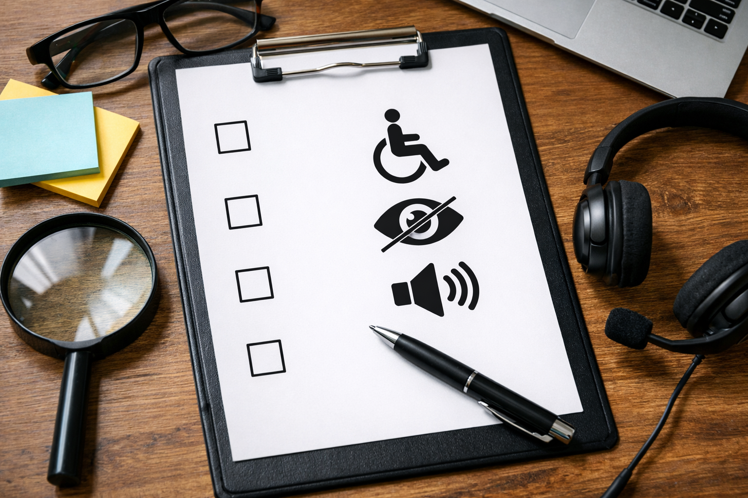 Accessibility checklist with high-contrast UI and screen reader icons