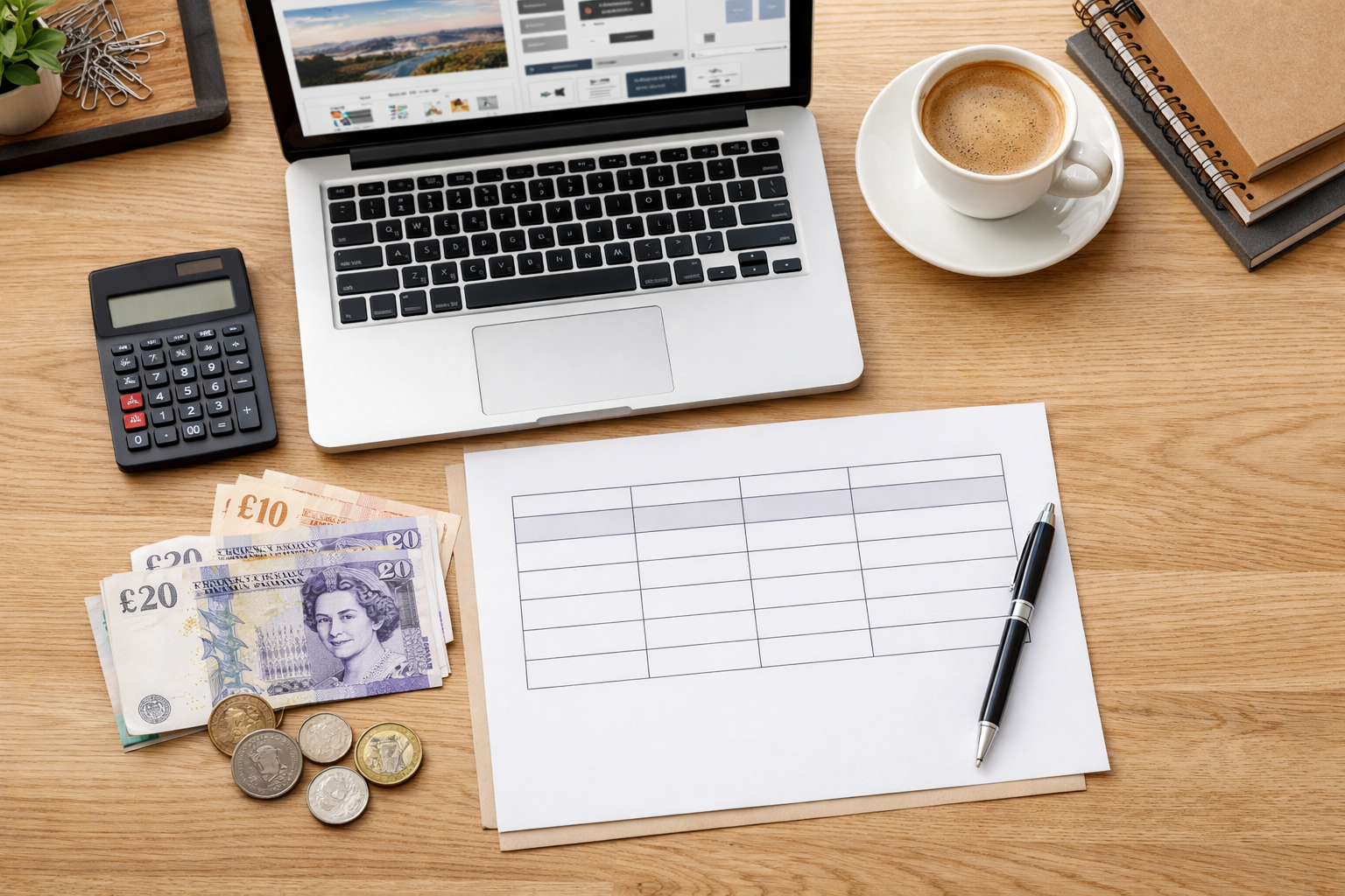 Overhead view of a simple pricing worksheet on a desk with UK currency notes and a laptop showing a website builder dashboard