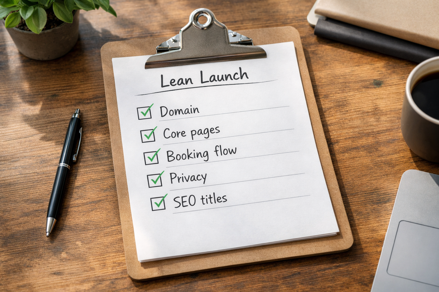 Checklist on a clipboard titled “Lean Launch” with ticked items: Domain, Core pages, Booking flow, Privacy, SEO titles