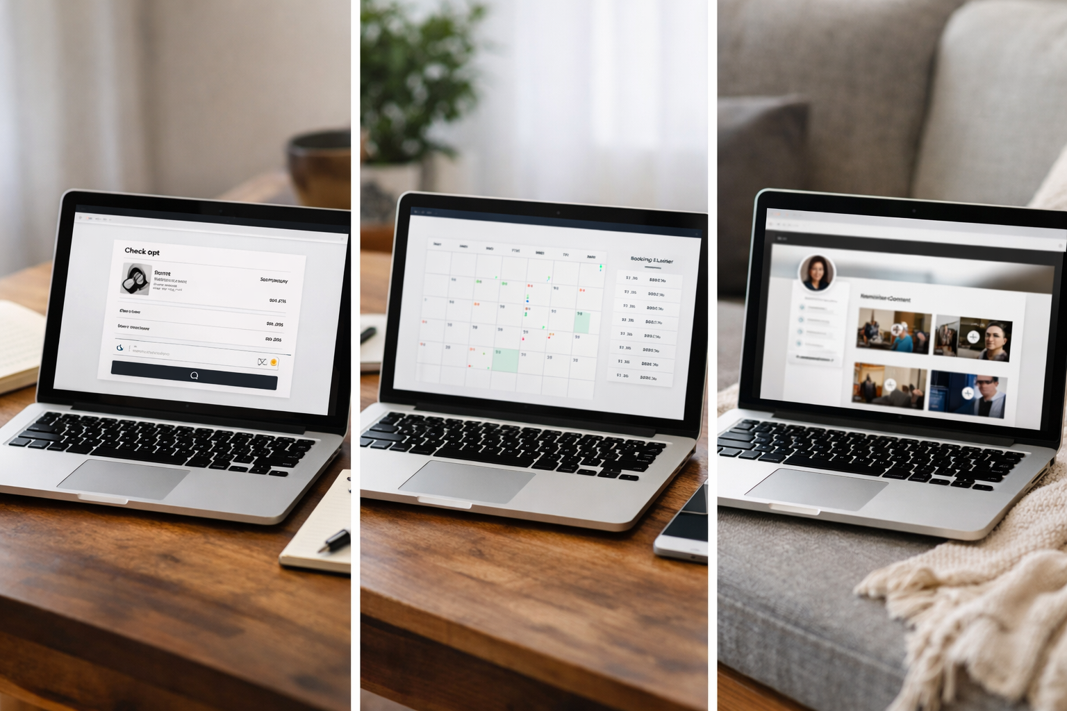 Split-screen showing a product checkout, a booking calendar, and a members-only page on a laptop