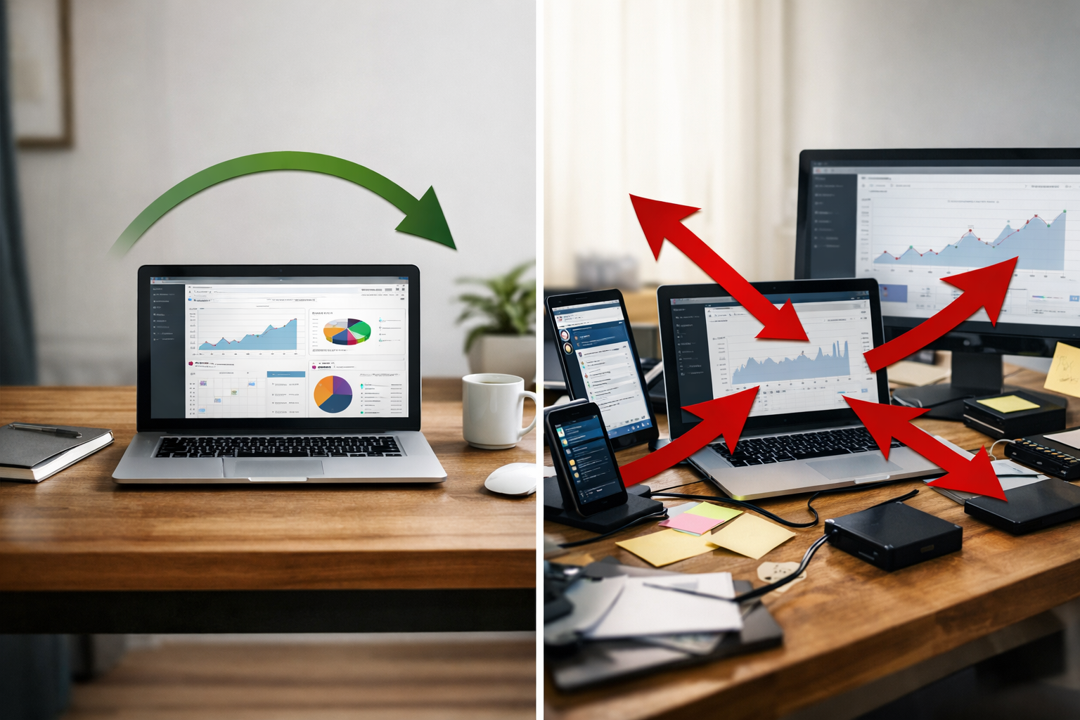 Side-by-side comparison graphic showing bundled platform vs piecemeal plug-ins with arrows indicating complexity
