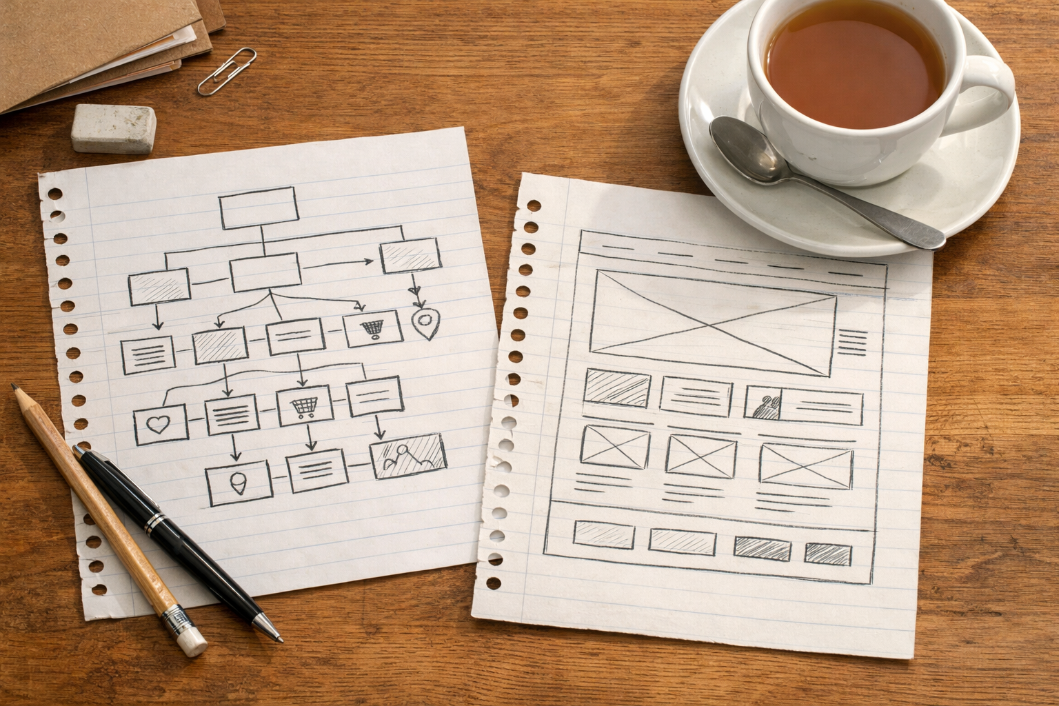 Hand-drawn sitemap and wireframe sketches for a small UK business website on notepaper next to a cup of tea