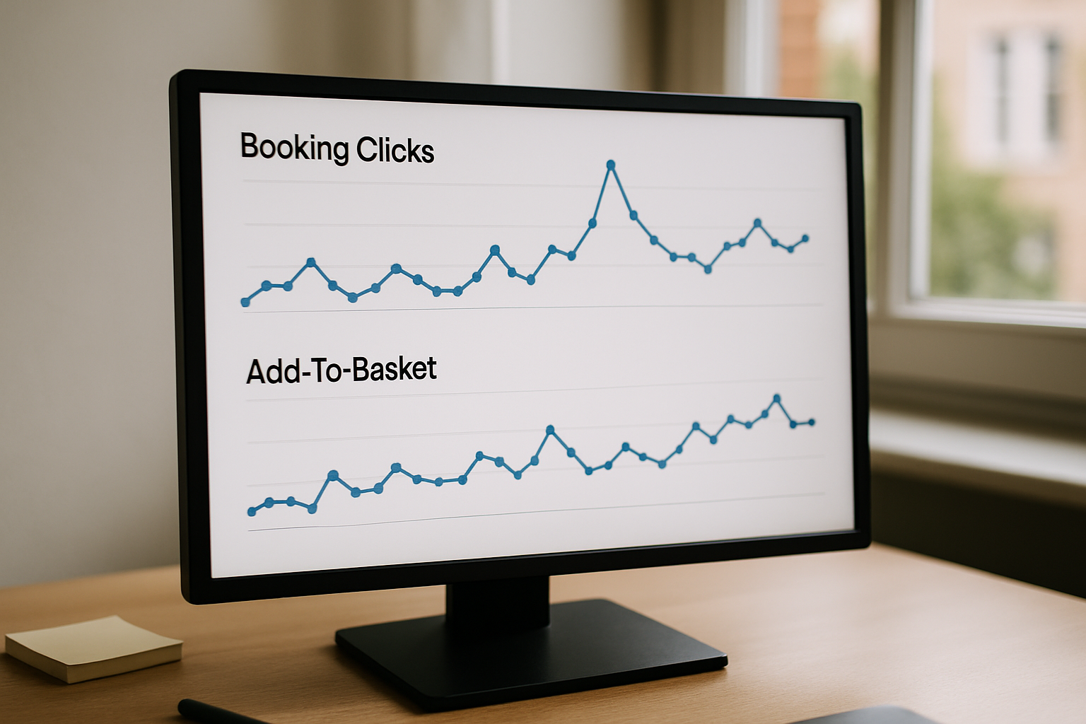 Simple analytics dashboard showing booking clicks and add-to-basket trends