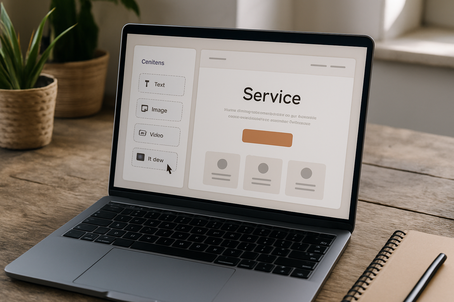 Drag-and-drop editor showing a service landing page layout with CTA