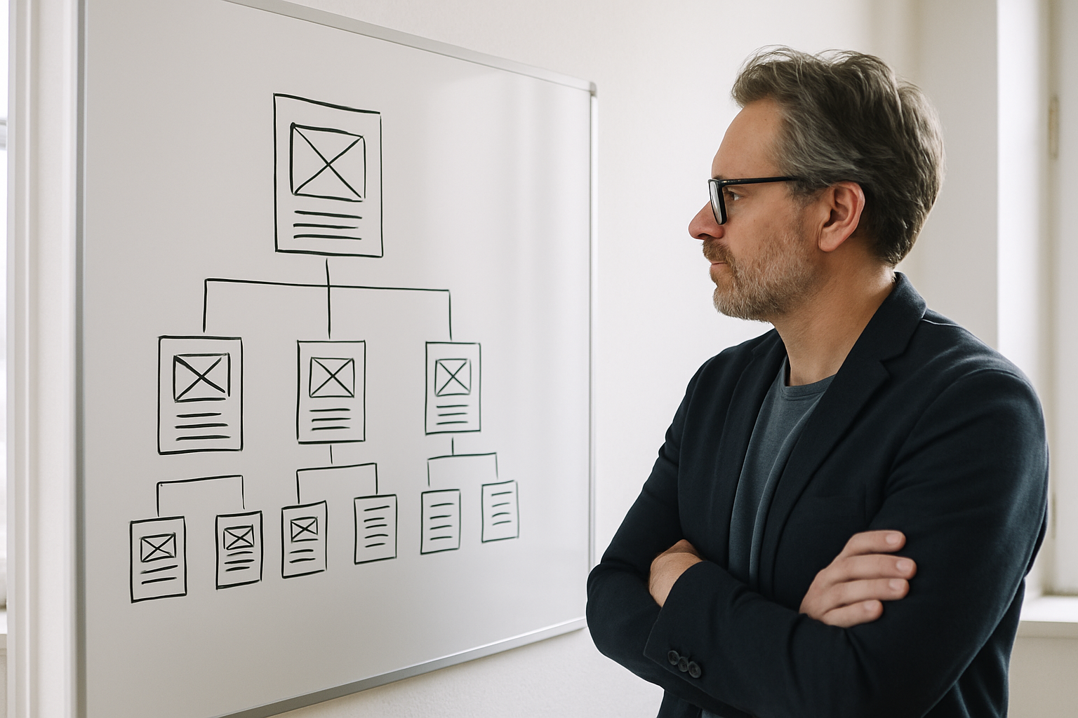 Founder reviewing a simple sitemap of landing pages on a whiteboard
