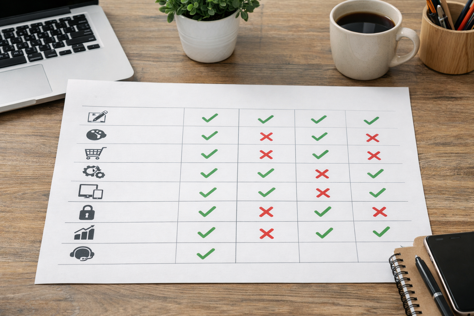 Comparison table graphic showing features of website builders side by side