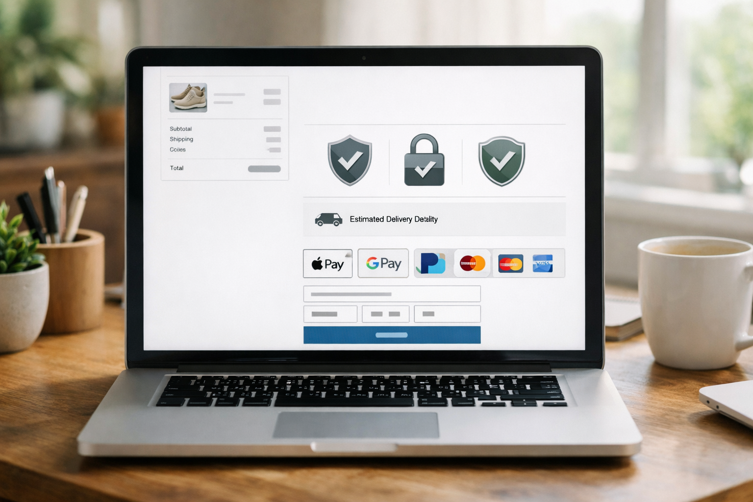 Checkout page showing security badges, clear delivery info and payment wallets