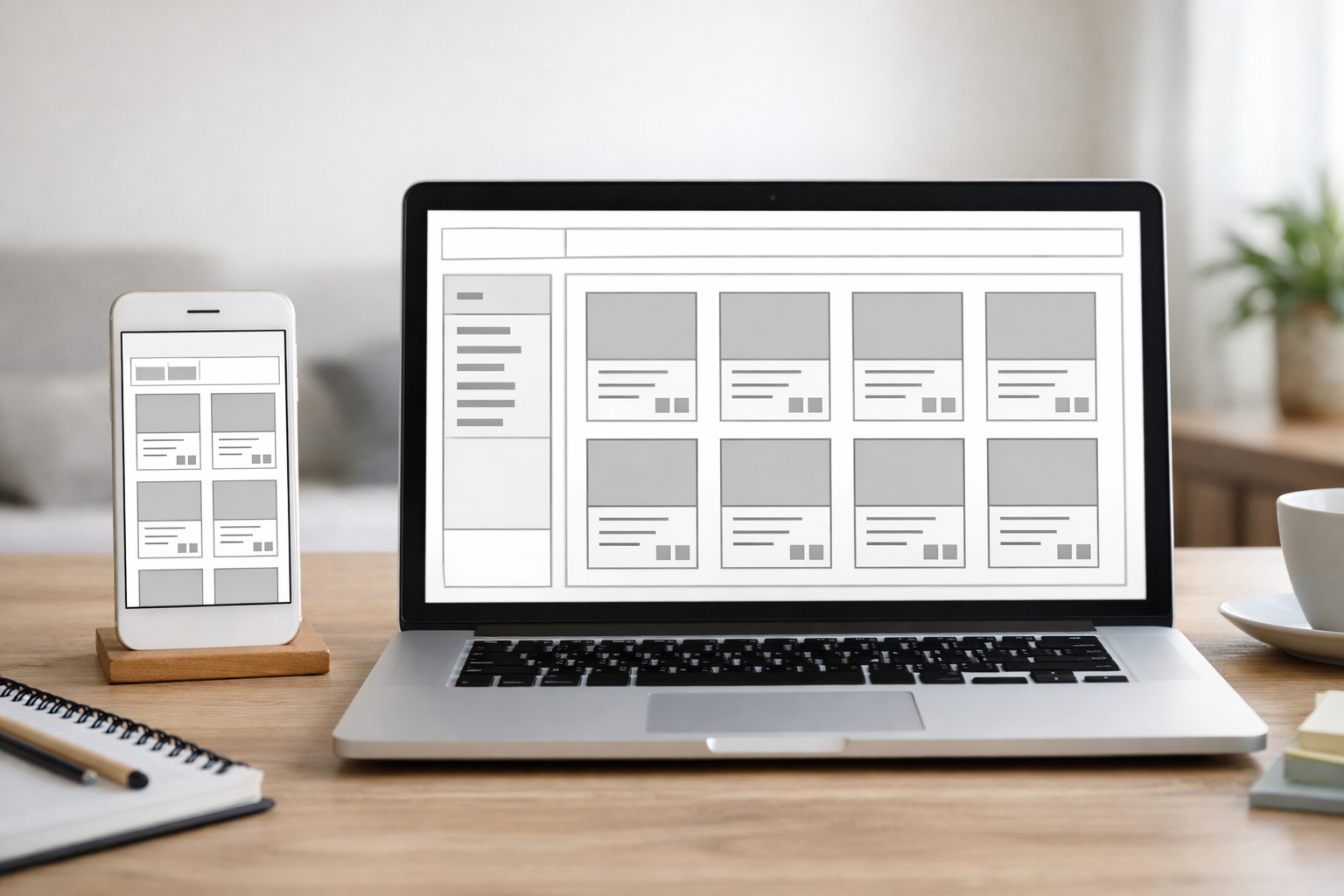 Storefront wireframe showing mobile and desktop layouts with product cards and filters