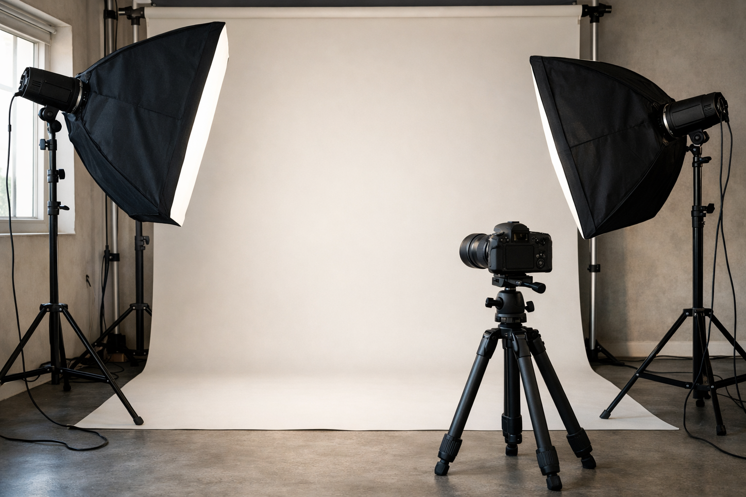 Product photography setup with softbox lighting, neutral backdrop and tripod
