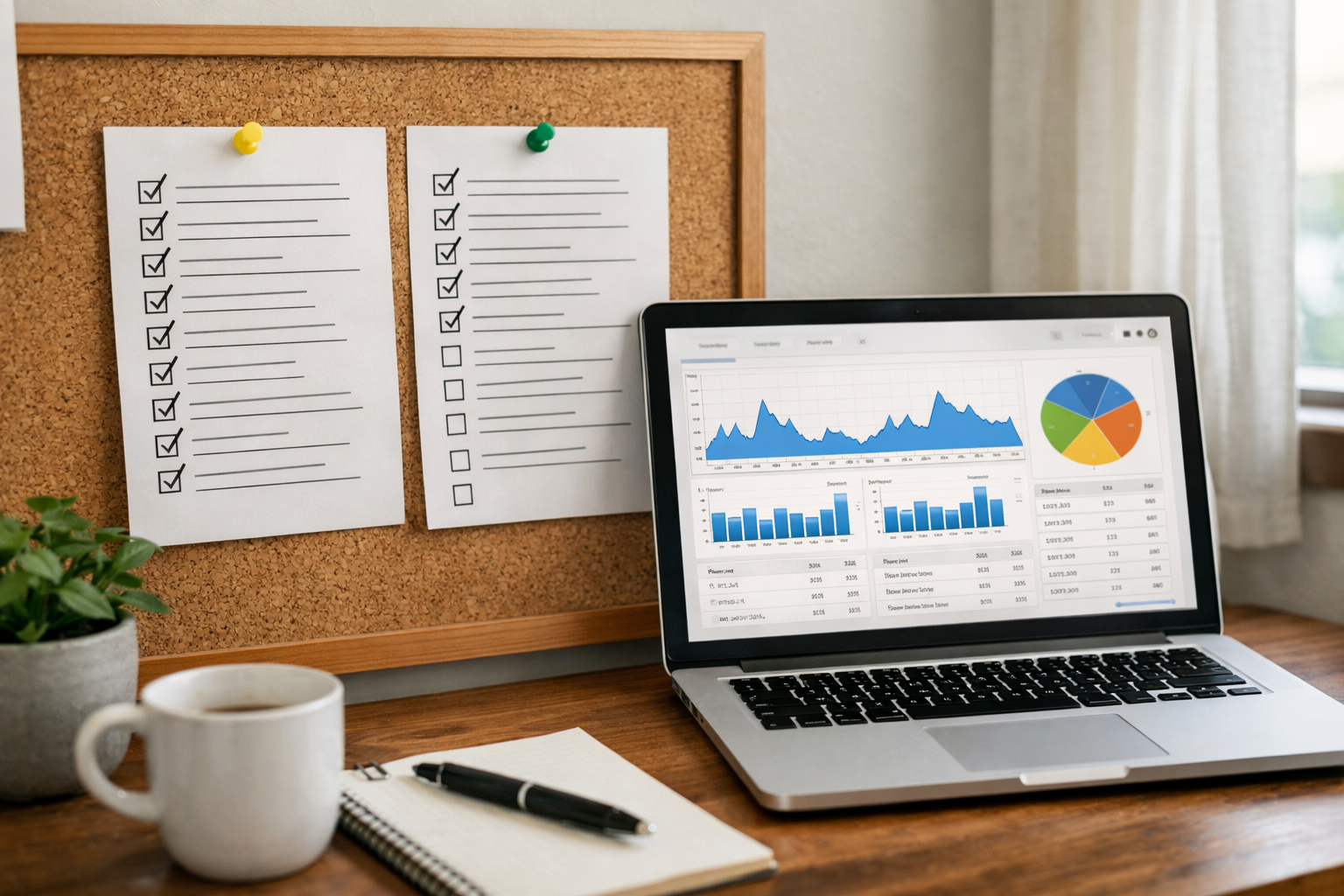 Accessibility and SEO checklist pinned beside a laptop showing analytics