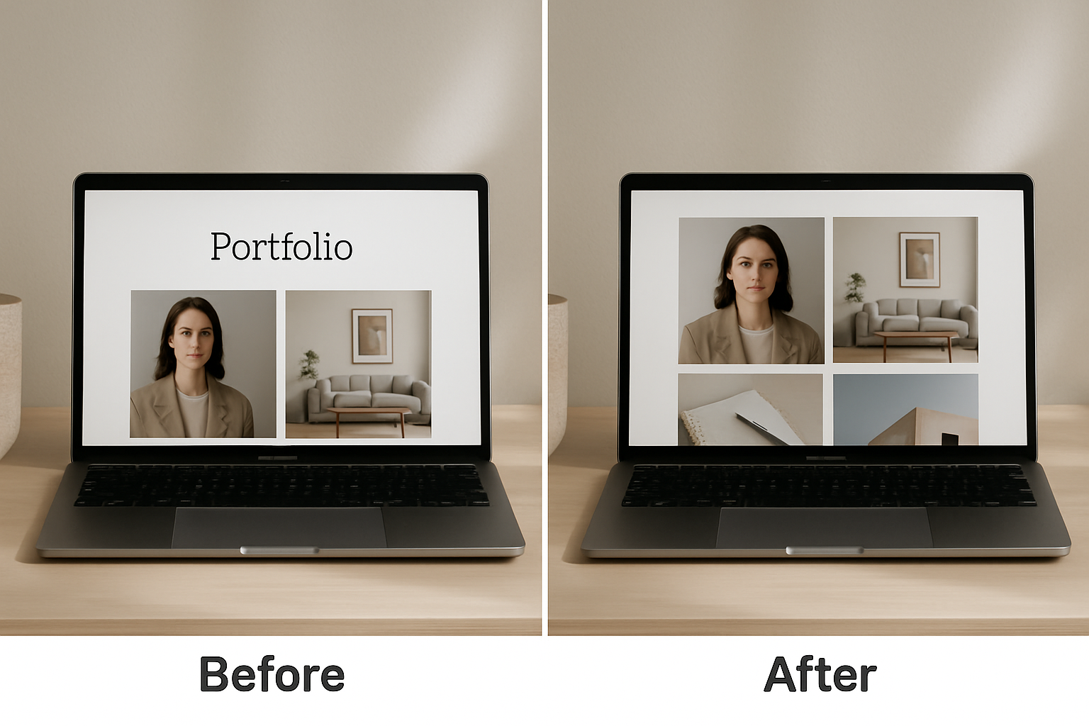 Before/after of a portfolio homepage refined from an AI draft