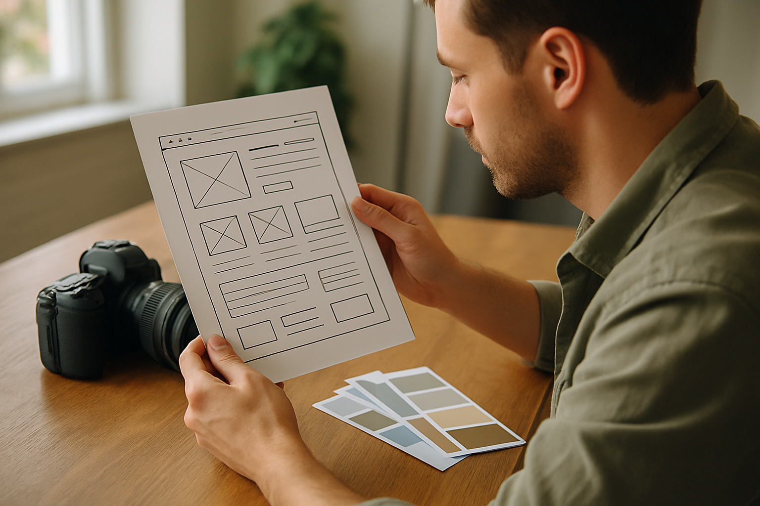 Photographer reviewing a website mock-up alongside a camera and colour swatches