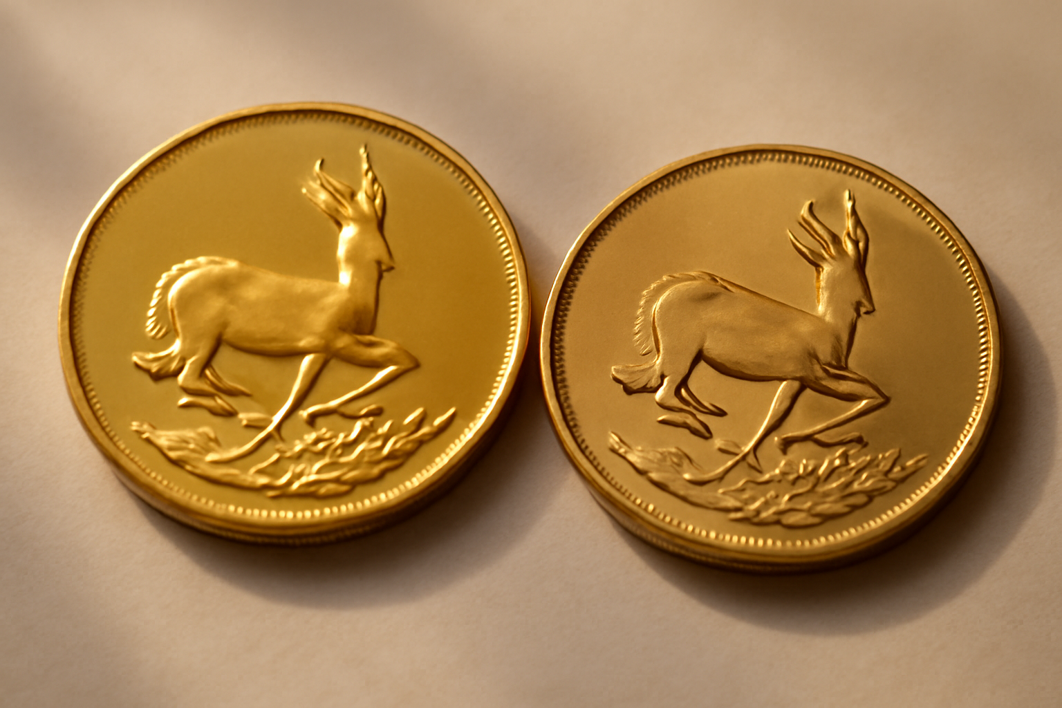 Proof vs bullion Krugerrand side-by-side under soft light