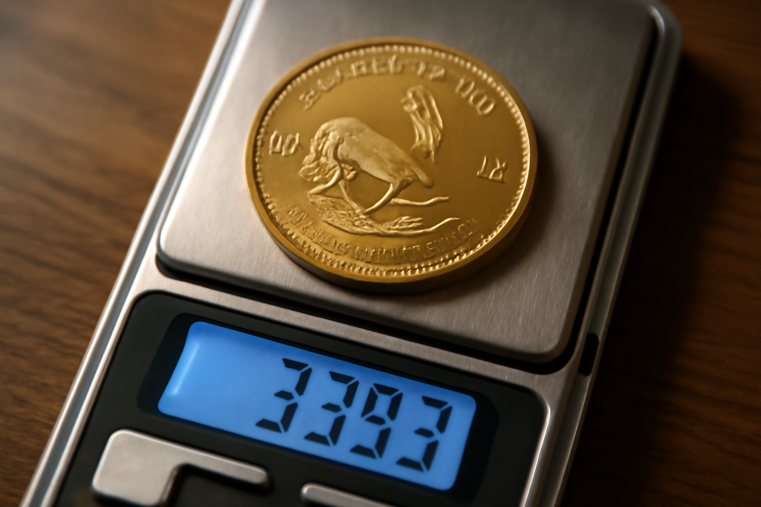 Close-up of Krugerrand on digital scale reading 33.93 g