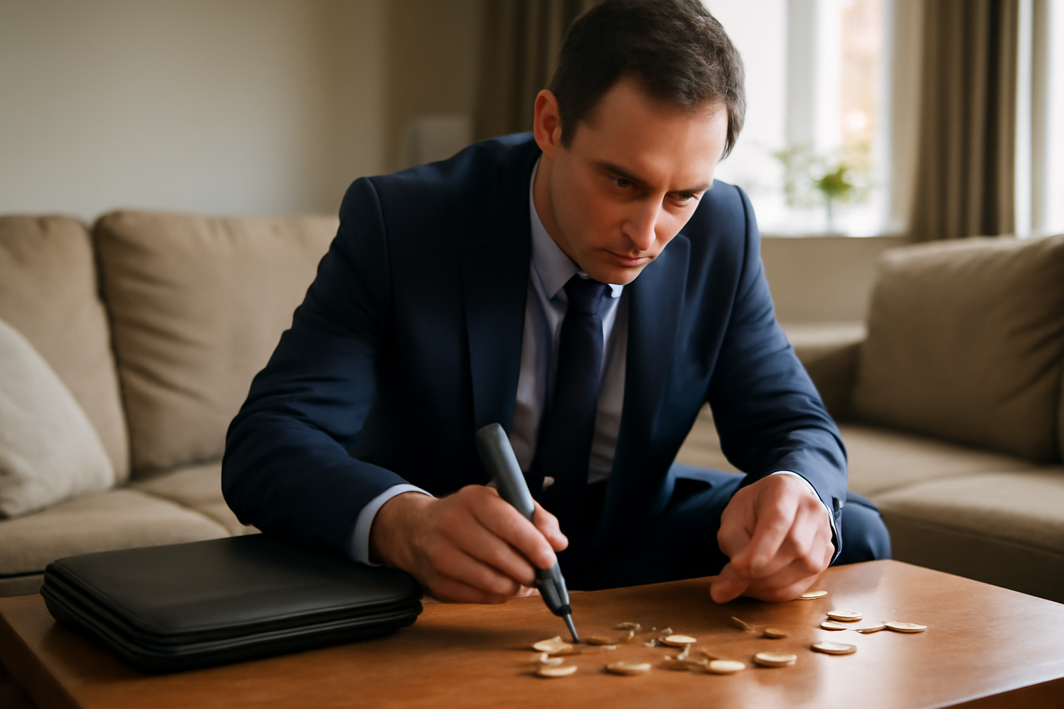 Discreet home visit—representative testing coins on a coffee table