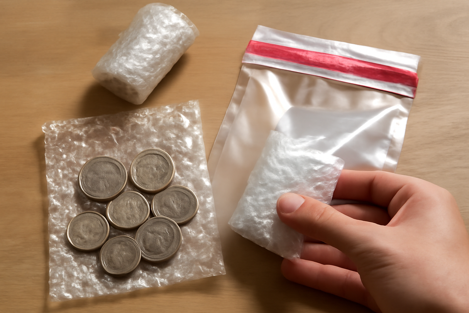 Packing coins securely for postage with bubble wrap and tamper-evident bag