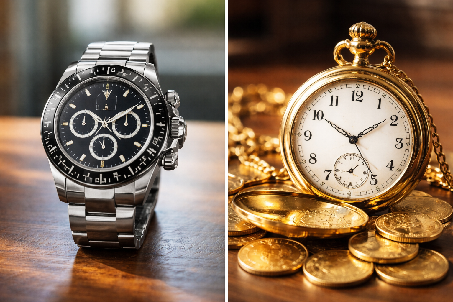 Side-by-side photo of a luxury brand watch and a vintage gold pocket watch to illustrate brand vs metal value