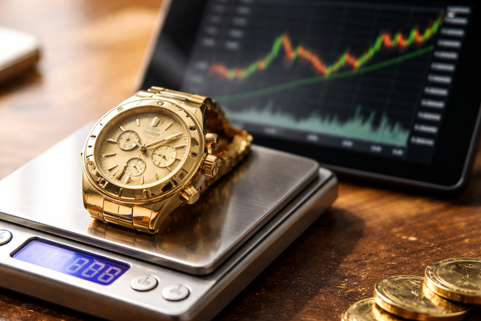 Close-up of a gold wristwatch on digital scales next to a live gold price chart