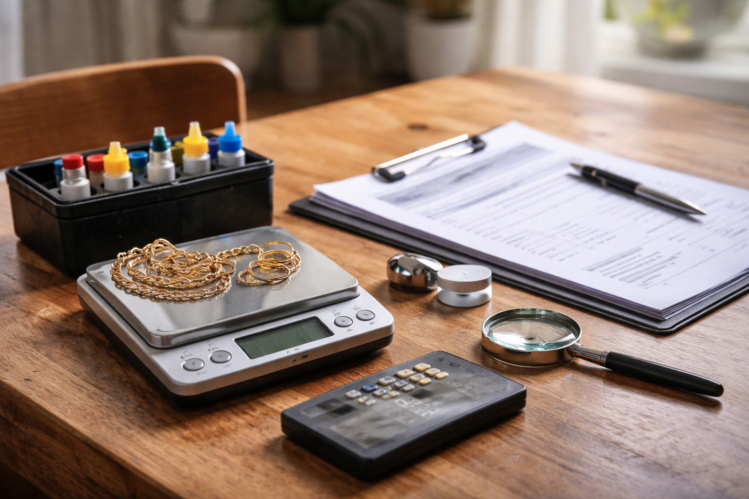 Discreet in-home valuation scene with portable scales, acid test kit and paperwork on a kitchen table