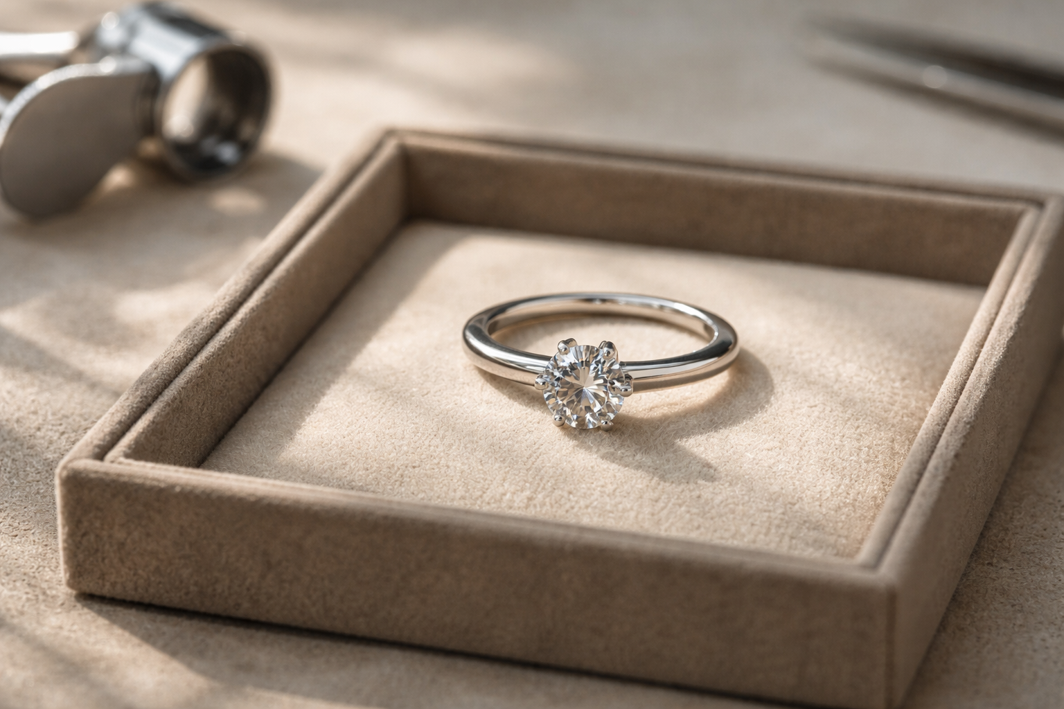 Platinum solitaire ring with diamond on a valuation tray