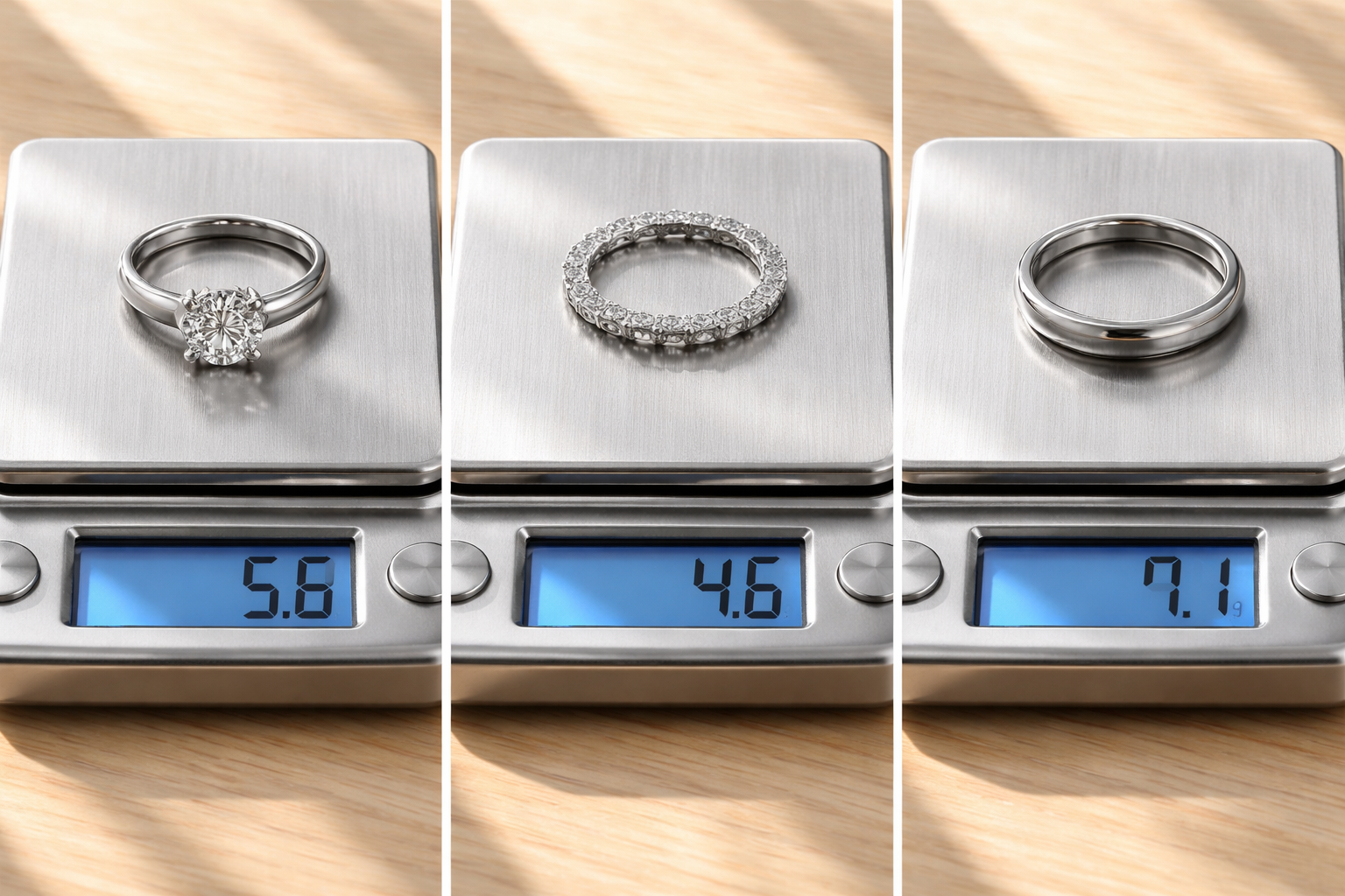 Side-by-side of three platinum rings with weights on a digital scale