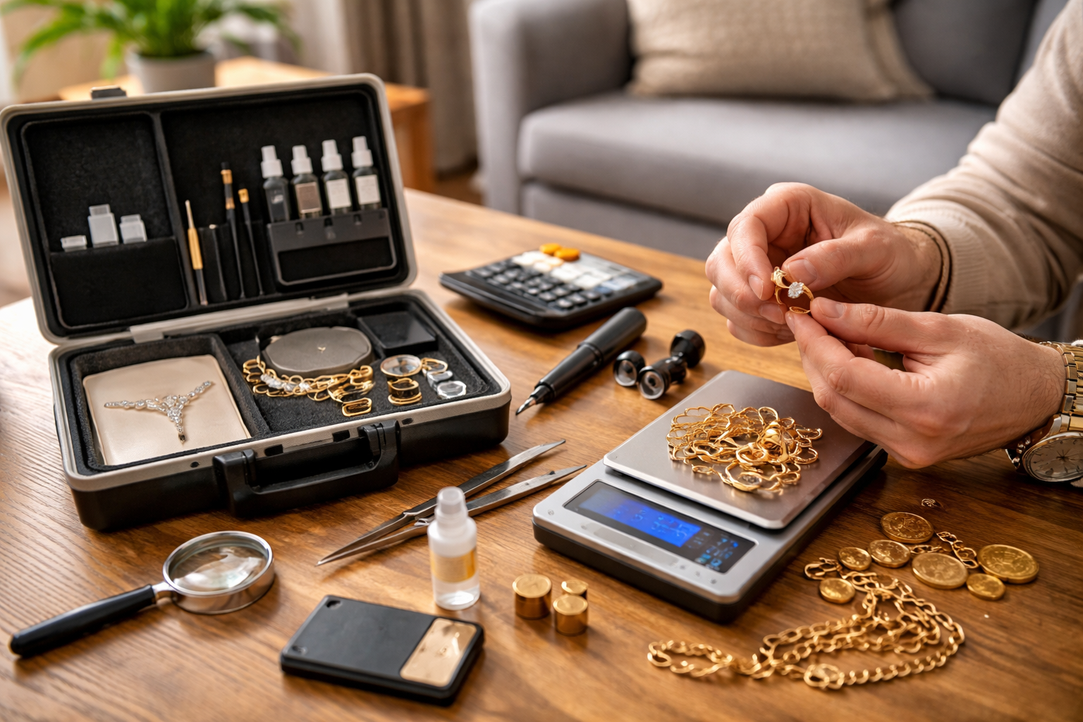 Discreet at-home valuation with portable scales and testing kit