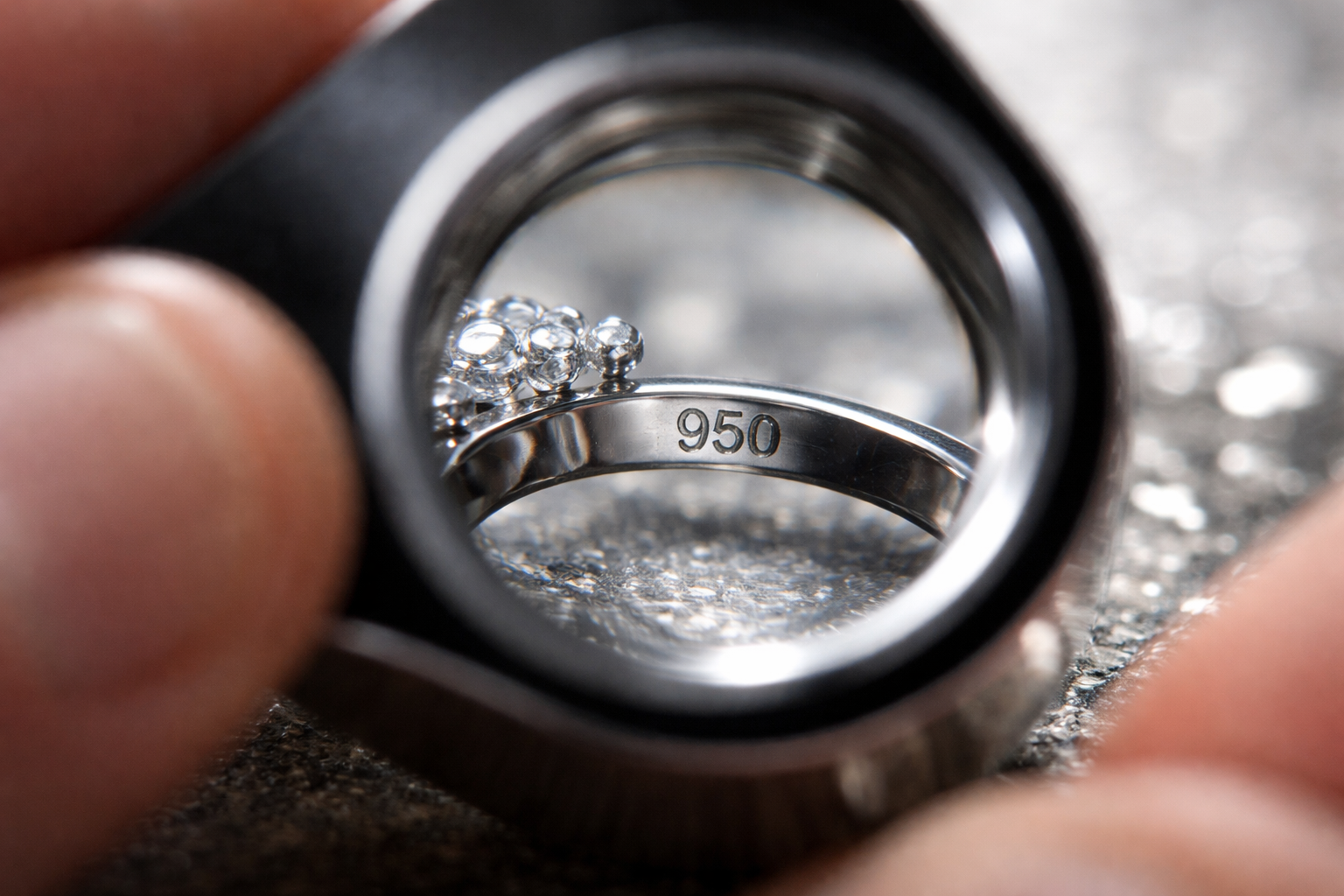 Macro shot of a jeweller’s loupe inspecting a platinum hallmark