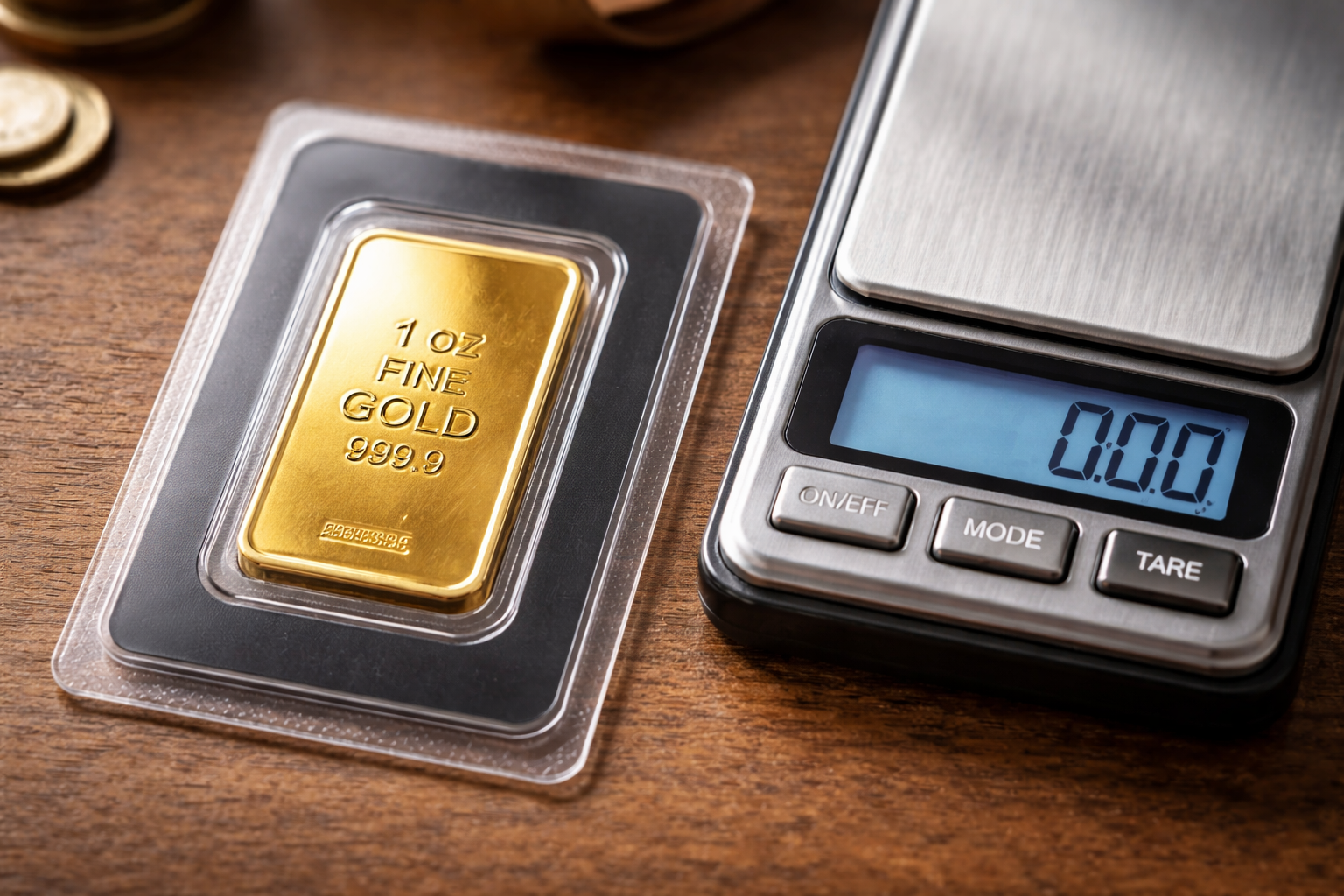 Close-up of a 1 oz gold bar in a tamper-evident card next to a digital scale