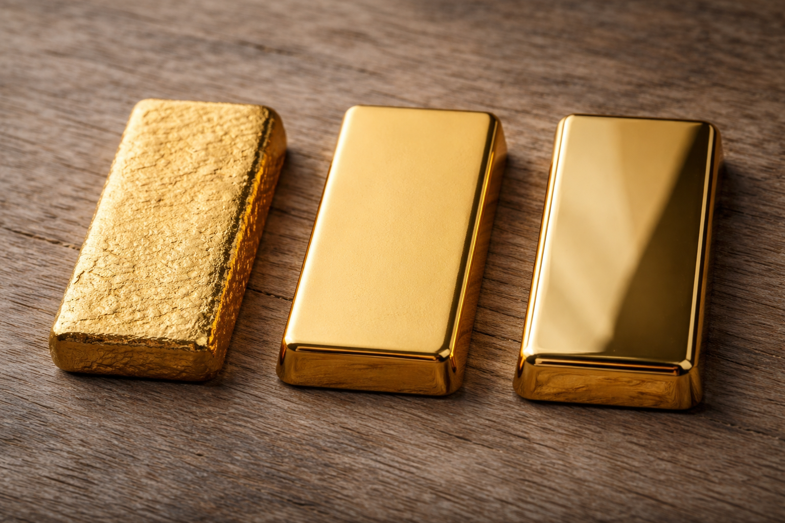 Comparison of cast, minted and proof gold bars side by side