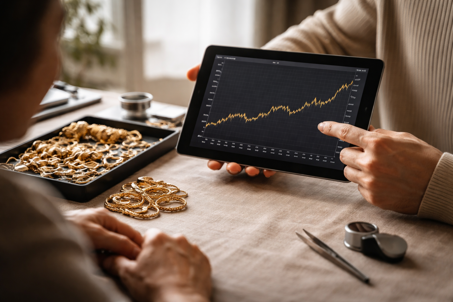 Buyer showing a live gold price chart on a tablet during a valuation
