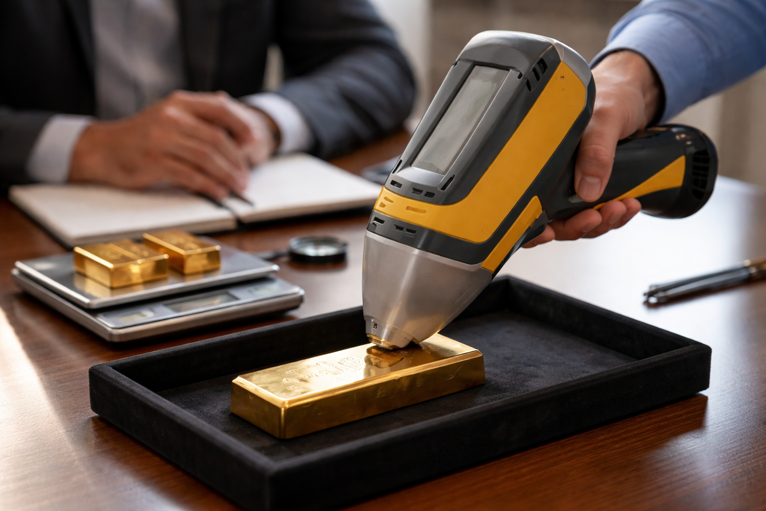 XRF scanner analysing a gold bar at a valuation appointment